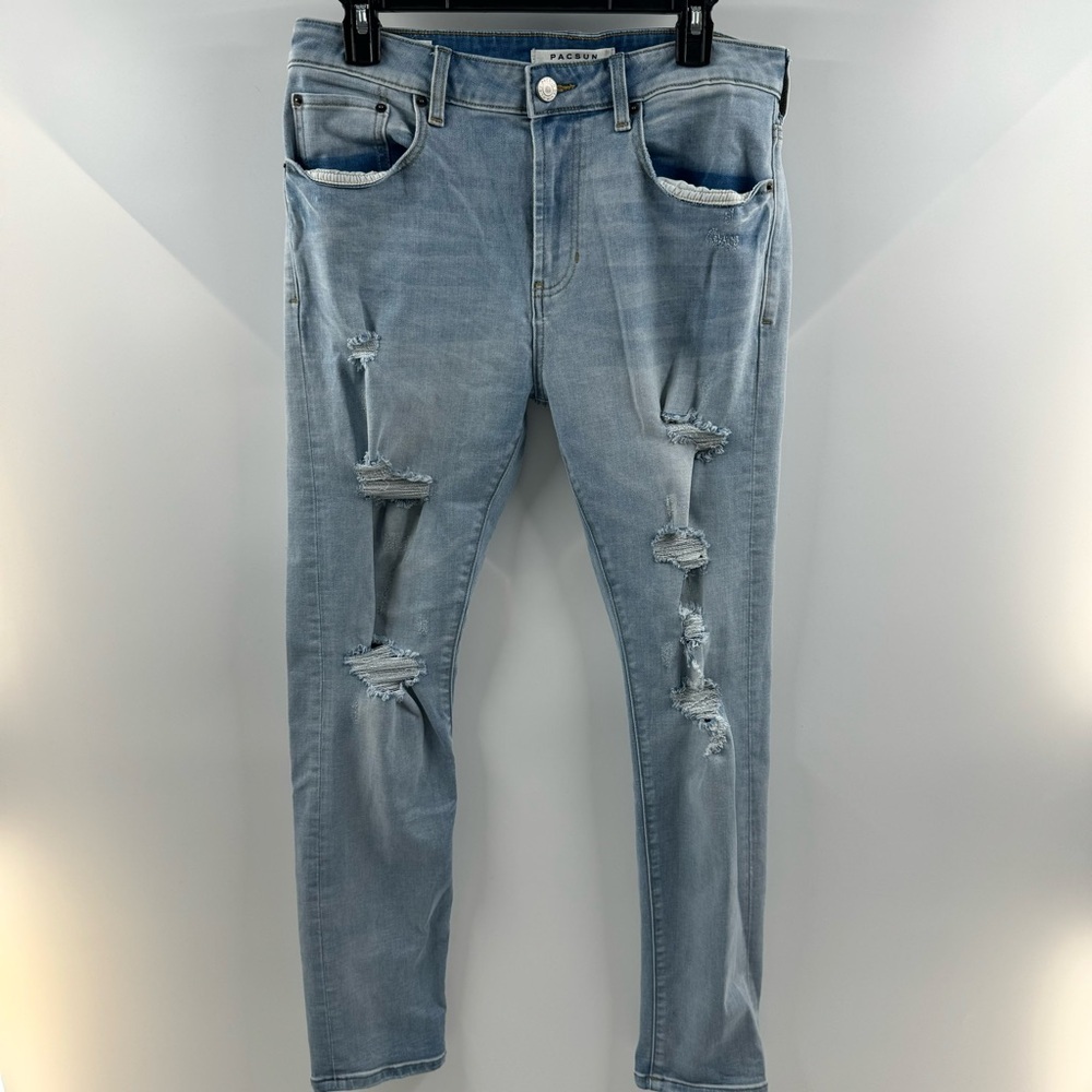 PacSun Men’s Light Wash Ripped Skinny Jeans – Size 30x32, Slim Taper Fit